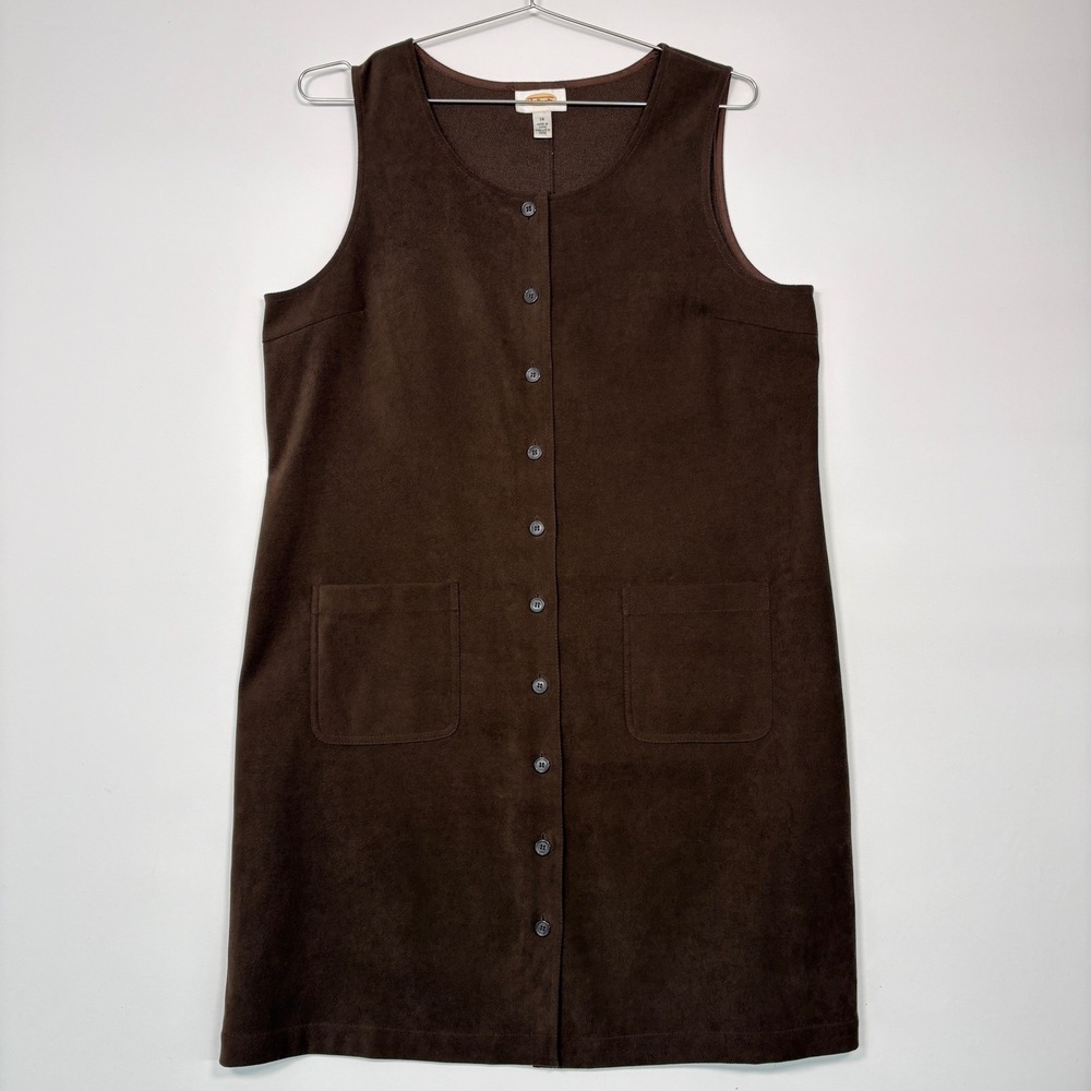 Talbots Women Jumper Dress 14 Brown Button Front Sleeveless Pockets 90s Vintage